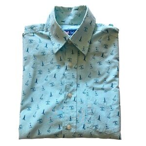 Charleston Threads Mens Button Down Lighthouse Check Print Aqua Pocket Small